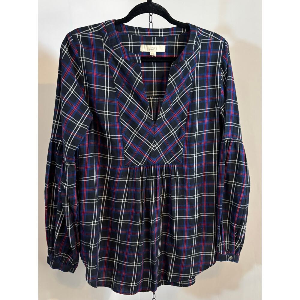 🔥SALE🔥 LOFT Plaid Peasant Blouse Small Navy Blue Long Sleeve V Neck Tunic Top